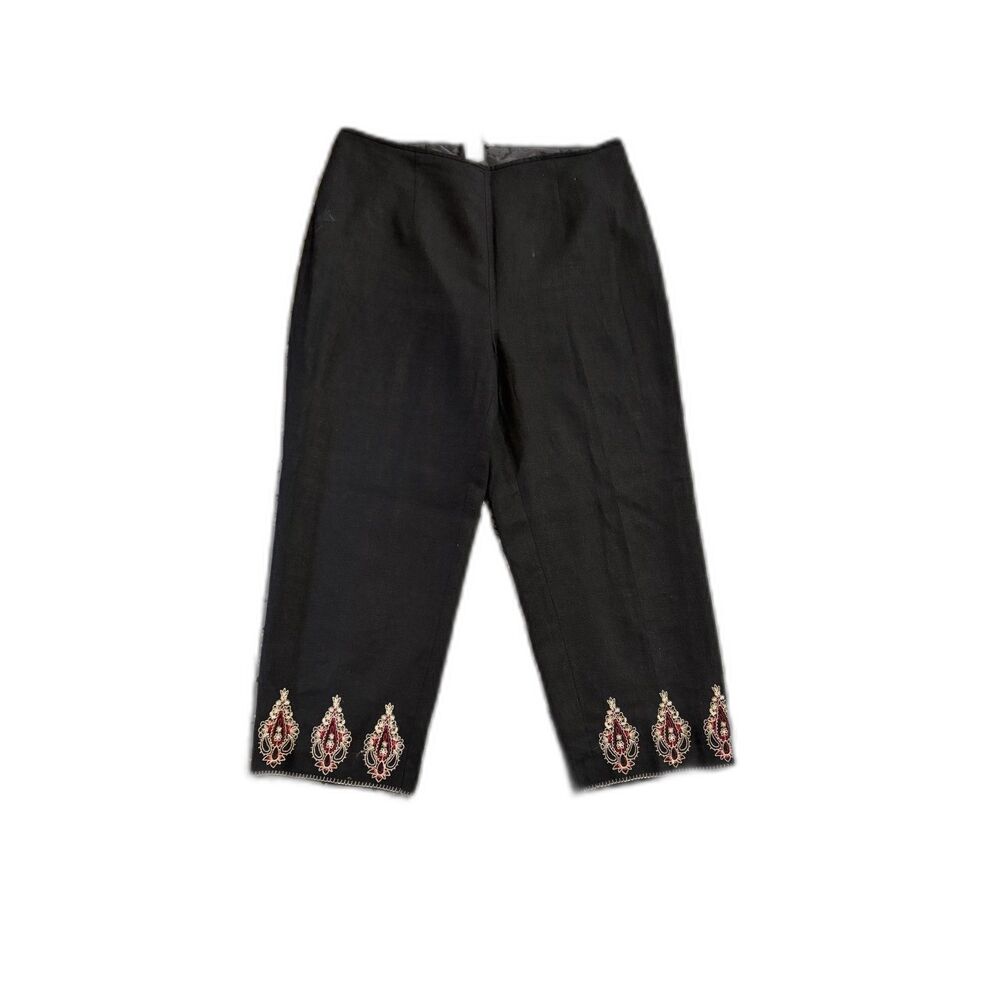 Edward Black Linen Blend Embroidered Hem Cropped Pants